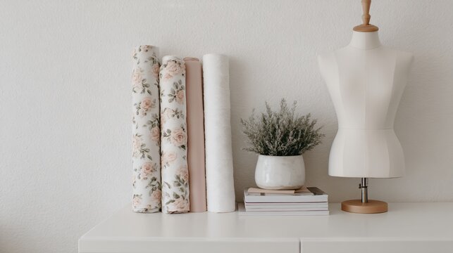 Home studio sewing corner, fabric rolls and dress form, creative workspace inspiration, lifestyle interior photography