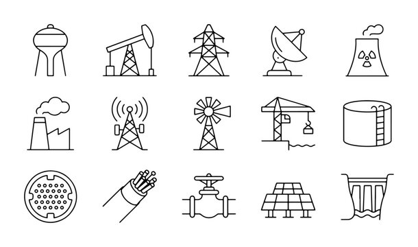Industrial Icons Set: Power, Energy, Construction, and Infrastructure Vector Graphics