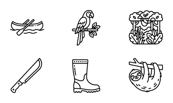 Jungle Adventure Icons: Canoe, Parrot, Sloth, Machete, Boots, Rainforest Elements