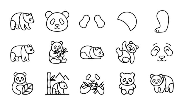 Cute Panda Icons, Vector Graphics Set: Adorable Animals, Bamboo, Nature Elements, Simple Line Art