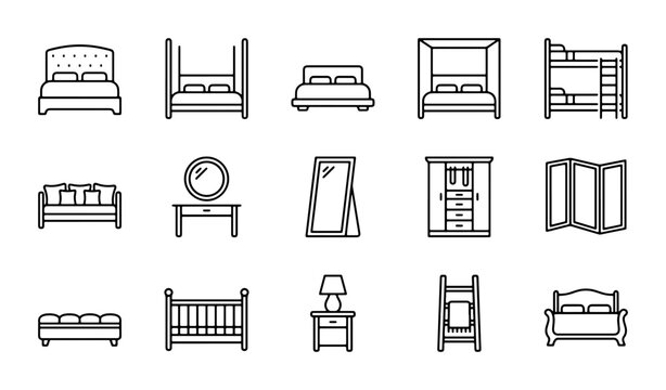 15 Furniture Icons: Beds, Sofas, Wardrobes, and More. Home Decor Vector Set.