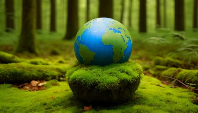 Crystal globe glass on green moss in forest to protect nature Save and care World for sustainable. concept of the environment ecology and Earth Day created with generative ai