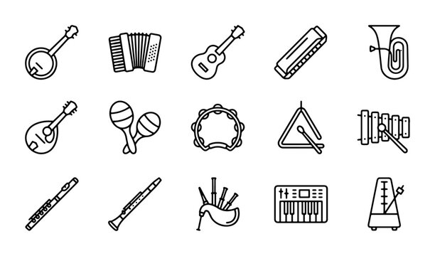 Musical Instruments Icons Set, Vector Graphics for Sound and Melody Design