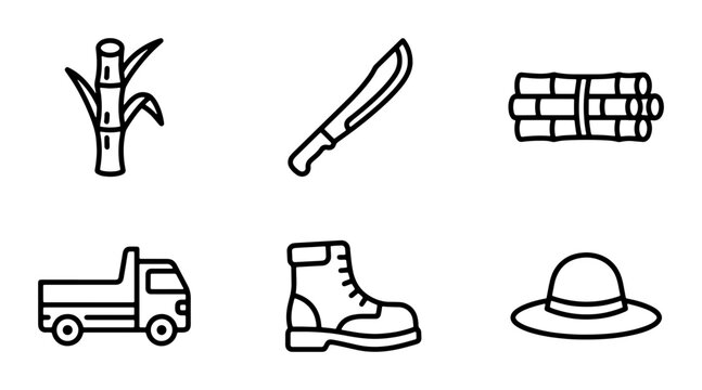 Sugar Cane Farming Icons: Harvest, Truck, Boot, Machete, Plant, Hat Vector Set