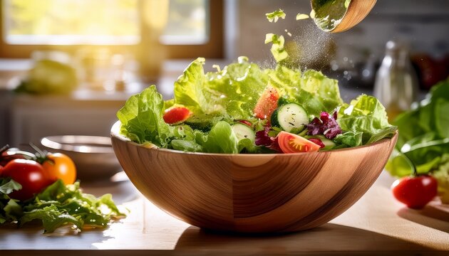 fresh garden salad tossing in a wooden bowl in a sunlit kitchen dynamic food photography for healthy eating vegetarian diet and home cooking blogs