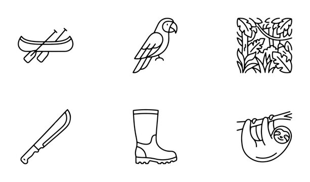 Jungle Adventure Icons: Canoe, Parrot, Sloth, Machete, Boots, Flora Vector Set