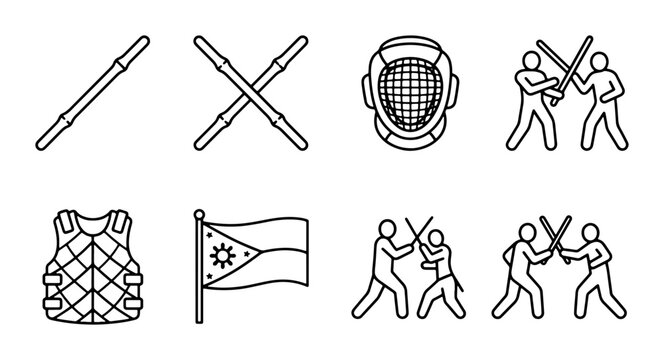 Filipino Martial Arts Icons: Eskrima Sticks, Vest, Mask, Flag, Combatants