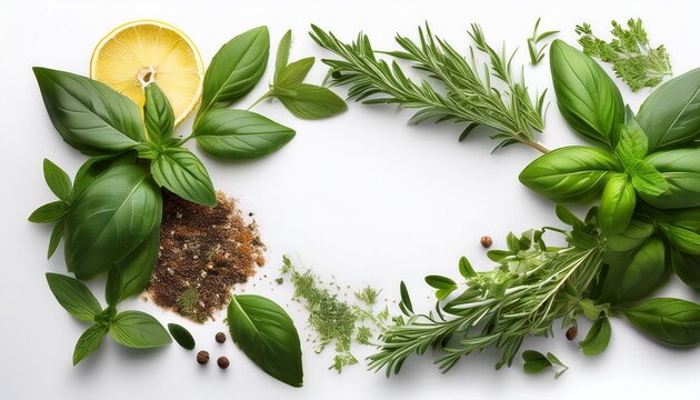 fresh herbs and spices fraing white background for fod photography