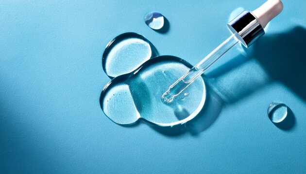 pipette serum round drops of transparent gel serum samples of cosmetic care products smears of cream gel texture on blue background