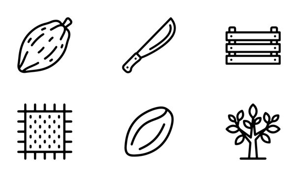 Cocoa Bean Farming Icons, Harvest Tools, Crate, Tree, Fabric, Simple Outline Graphics