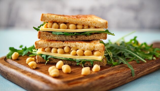 saludable y liviano sandwich de rucula queso y pasta de garbanzos cortado a la mitad sobre una tabla de madera con hojas de rucula desenfocadas en el fondo