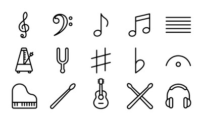 Musical Notation Icons Set, Treble Clef, Bass Clef, Notes, Metronome, Guitar, Headphones, Vector Elements © Ashikur