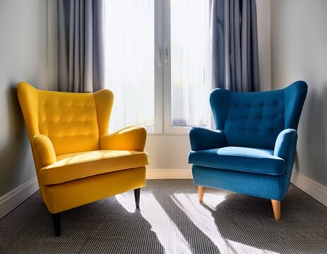 two armchairs one yellow nd one blue are placed ina room with sunlight comin through the window