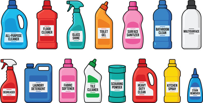 Household cleaning products vector set with colorful plastic bottles spray bottles detergent bleach sanitizer window cleaner and chemical sanitation supply flat icons