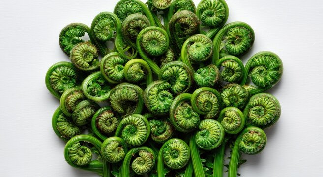 Freshly Harvested Fiddlehead Ferns Arranged in a Circular Pattern.