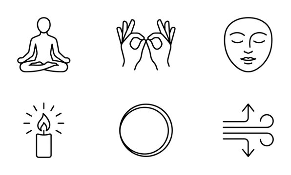 Mindfulness Icons Set: Meditation, Yoga, Breathing, Candle, Face, Zen Symbols