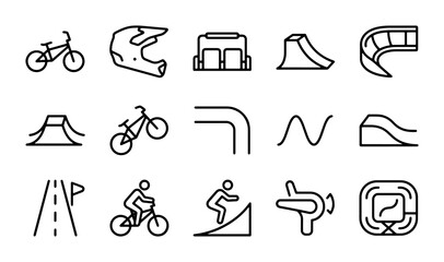 Fototapeta premium BMX Bike Icons, Extreme Sports Gear, and Track Elements Vector Set