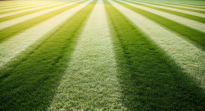 Closeup of a professional sports stadium field with perfectly manicured green grass stripes under bright sunlight ideal for soccer or football