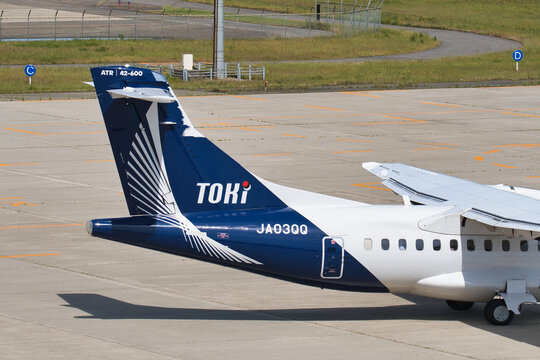 Niigata Prefecture, Japan - May 23, 2026: Toki Air ATR 42-600 (JA03QQ) taxiing at Niigata Airport with tail branding visible