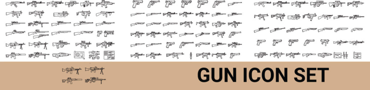 Military Weapons and Firearms Line Icons Set, Rifle Pistol Shotgun Tactical Equipment Outline Vector Collection