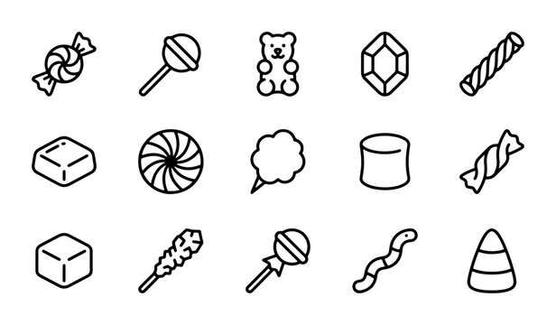Sweet Treats Vector Icons, Candy Collection, Gummy Bear, Lollipop, Marshmallow, Delicious Desserts