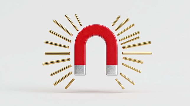 Red Horseshoe Magnet with Golden Rays on White Background.