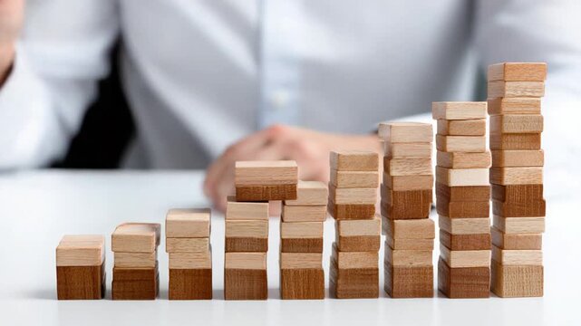 Wooden Blocks Growth Chart: A hand places a wooden block, symbolizing growth and progress, atop a rising stack of blocks forming a simple chart.
