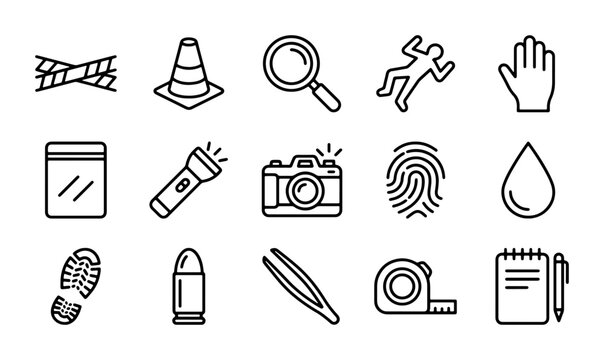 Crime Scene Investigation Icons, Forensics Vector Set, Evidence Collection Tools, Detective Mystery Graphics