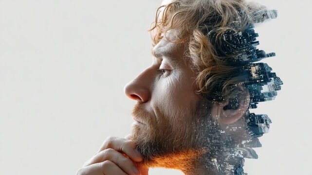 The Urban Mind: A thought-provoking double exposure image merging the profile of a pensive man with a cityscape, symbolizing the interconnectedness of human thought and urban development.