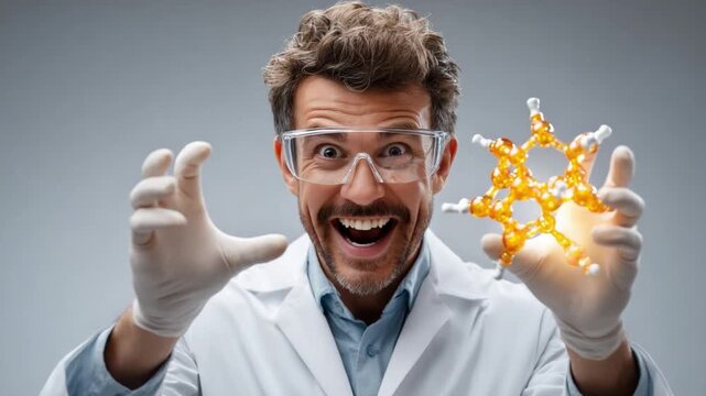 Mad Scientist's Discovery: A mad scientist with a wild expression, goggles, and lab coat holds up a glowing molecular structure, embodying scientific breakthrough and exhilaration.