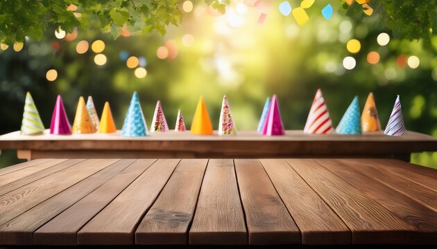 empty wooden table with party on blurred garden background