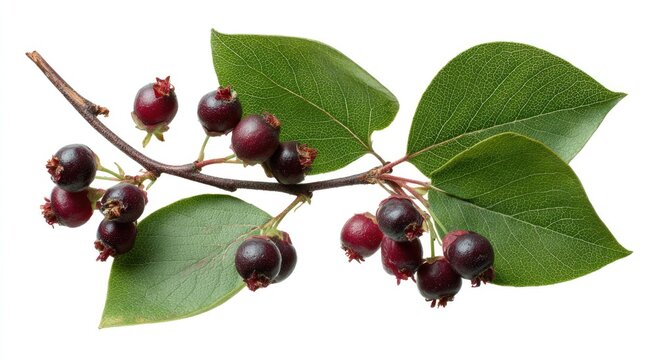 Close-up of a Branch with Ripe Juneberries and Green Leaves Isolated on White.