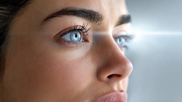 Focused Vision: A close-up profile of a woman with striking blue eyes, looking intently ahead, with a subtle beam of light suggesting advanced technology or future possibilities.