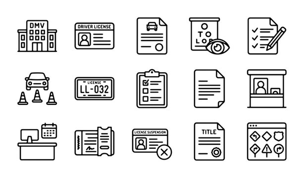 Driving License Icons, DMV Office, Car Registration, Eye Test, Road Test, Vector Set