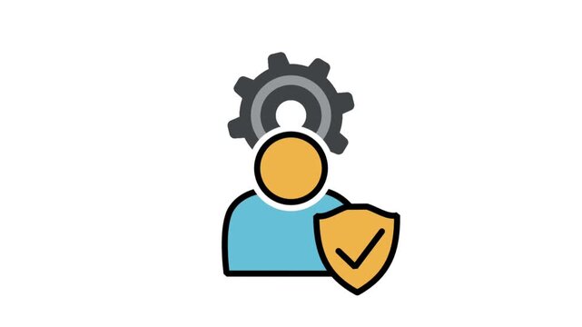 Animated administrative user icon with a cogwheel and a protective shield, representing secure technical operations, database protection, and account safety.