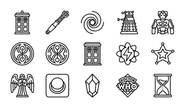Sci-Fi Icons Set: Tardis, Dalek, Sonic Screwdriver, Cyberman, Angel, Hourglass, Sheriff Star, Galaxy Swirl, Gemstone, Logo