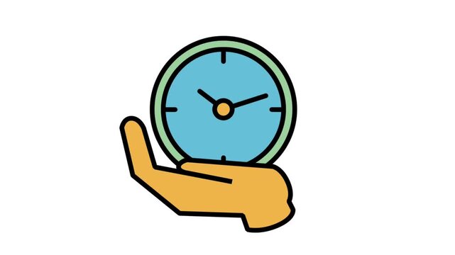 Animated hand holding a large clock icon, representing time management services, punctual delivery, efficiency tracking, and schedule control optimization.