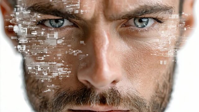 Man with Digital Glitch Face: A close-up portrait of a man with piercing blue eyes, his face partially dissolving into digital glitch artifacts.