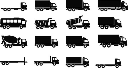 Truck silhouette icon illustration, heavy vehicle artwork, dump truck design, cement mixer graphic, trailer transport emblem, commercial symbol © Hadiul