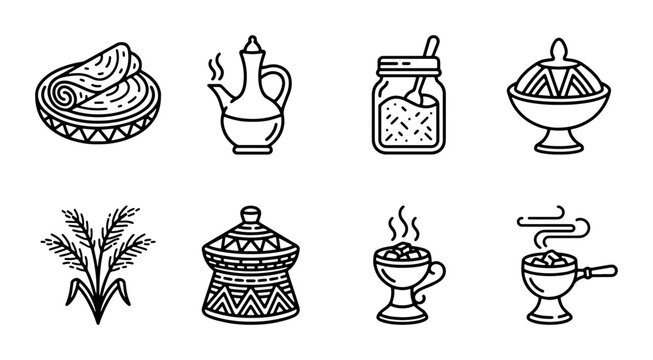 Ethiopian Coffee Ceremony Icons, Traditional Food & Drink Vector Set, Cultural Cuisine Elements