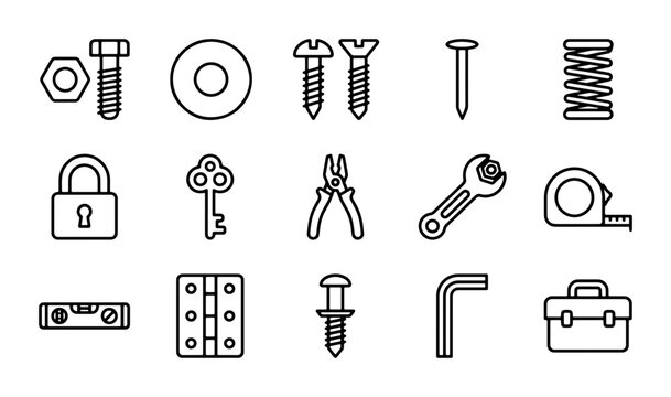 Hardware Icons Set, Tools & Fasteners Vector Graphics, DIY & Construction Elements