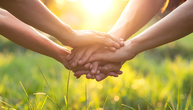 Hands stacked together in a show of unity and teamwork, bathed in warm golden hour sunlight outdoors