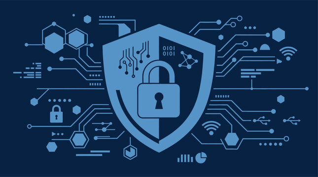Digital security and cybersecurity concept illustration with lock and circuit board pattern on a dark blue background
