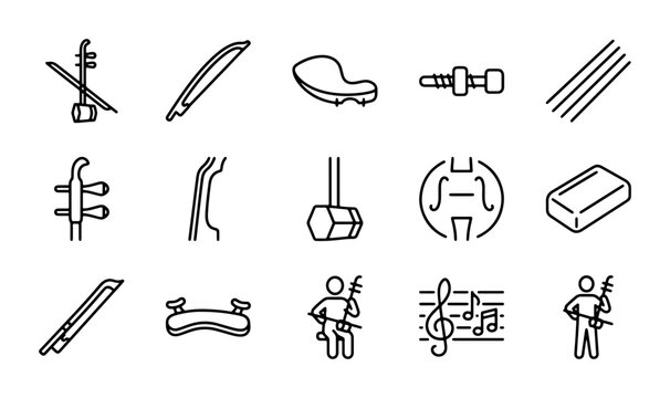 Erhu Icons, Chinese Violin Elements, Musical Instrument Vector Graphics, Traditional Music Symbols