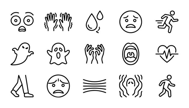 Fear Icons Set, Horror Emotions, Scary Symbols, Phobia Graphics, Anxiety Vector Art
