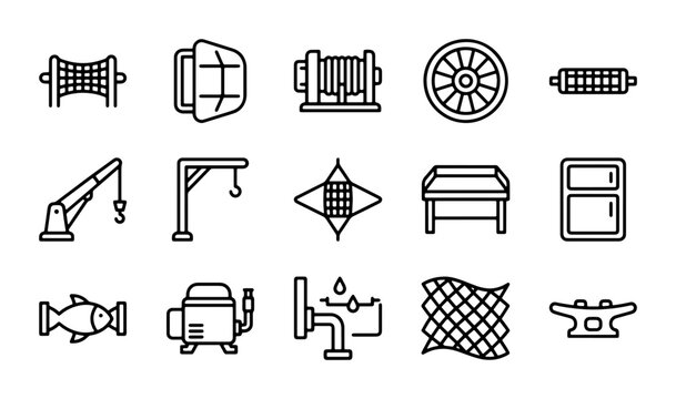 Fishing Gear Icons Set, Nautical Equipment Vector Graphics, Marine Industry Symbols Collection