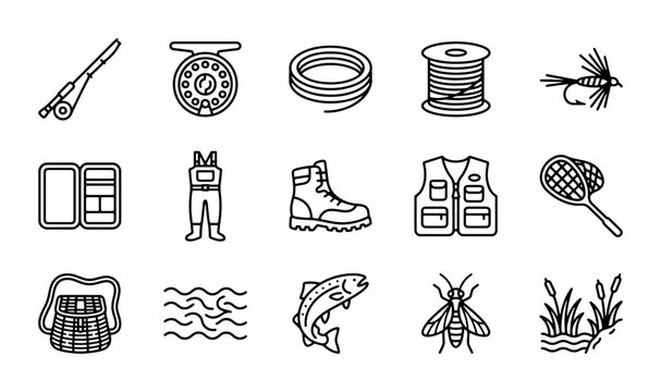 Fishing Gear Icons Set: Rod, Reel, Tackle Box, Waders, Boots, Vest, Net, Fly, Fish, Insect, Water, Reeds