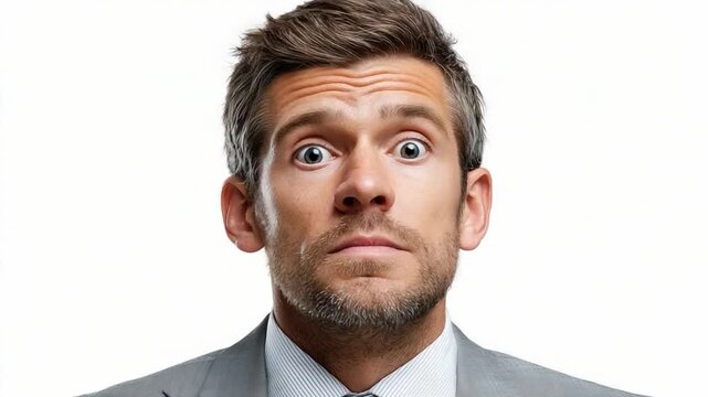 Surprise Expression: A man in a suit with wide eyes and raised eyebrows expresses shock and disbelief, captured in a studio portrait.