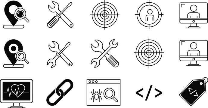 Technology icons, web development symbols, cybersecurity graphics, coding interface, debugging tools, user targeting, system monitoring, hyperlink connection, programming, digital assets