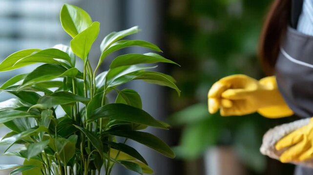 Caring for a Houseplant: A close-up shot focusing on a vibrant green houseplant, with a person wearing yellow gloves in the blurred background, gently tending to the plant.